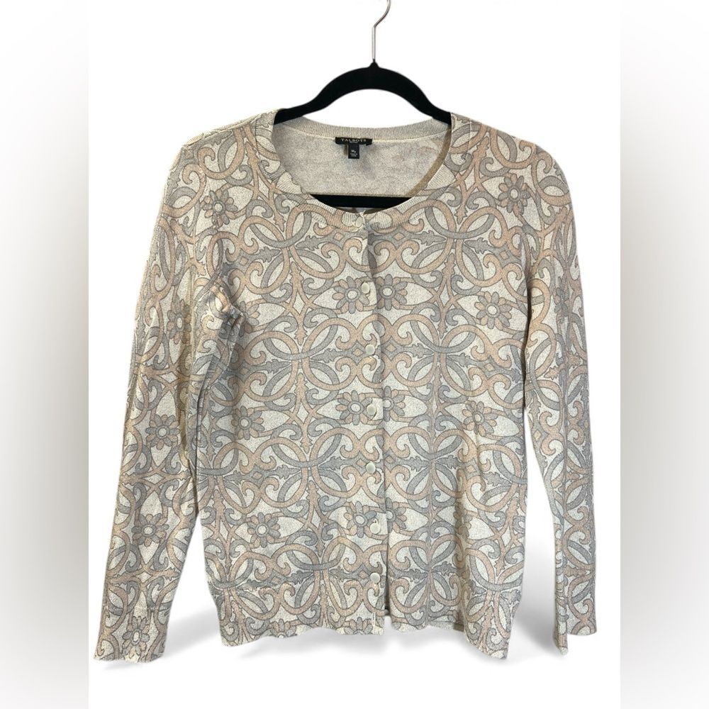Talbots Petites Neutral Floral Print Cardigan Sweater Petite M | Metallic - Picture 3 of 8